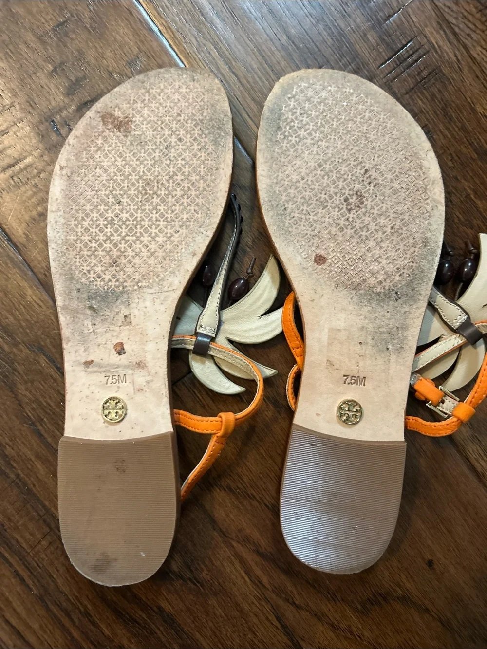 Tory Burch Tan Leather Thong Sandals with Orange Straps & Green Palm Appliqués